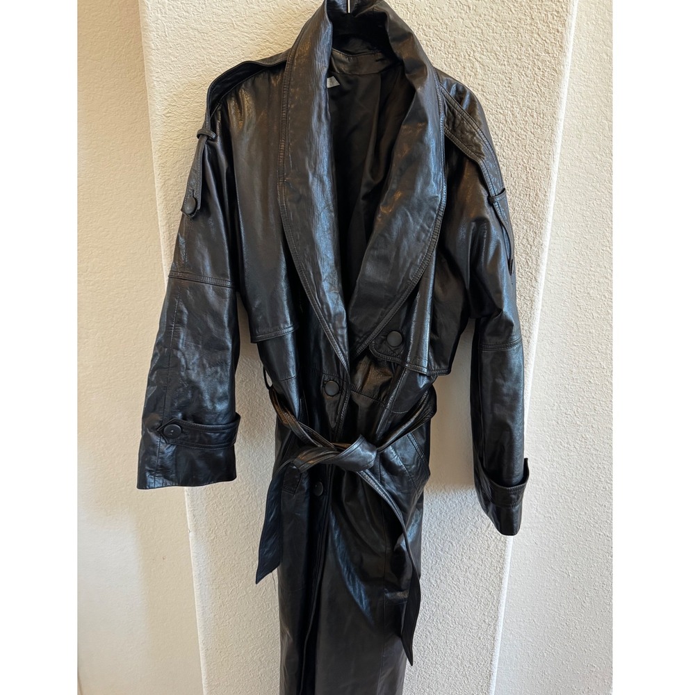 Vintage Black Leather Trench Coat Belted Long Jacket Womens Large Double-Breast